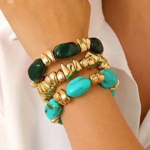 3pcs/set Vintage Resin Beaded Bangles Bracelets Set, Handmade Colorblock Design, Stackable Jewelry for Women, Casual Fashion Accessories, Beads Bracelets