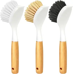 3 Pack Dish Brush Set with Bamboo Handle, Kitchen Brushes for Cleaning Pot, Sink and Stove, Skillet Scrubber
