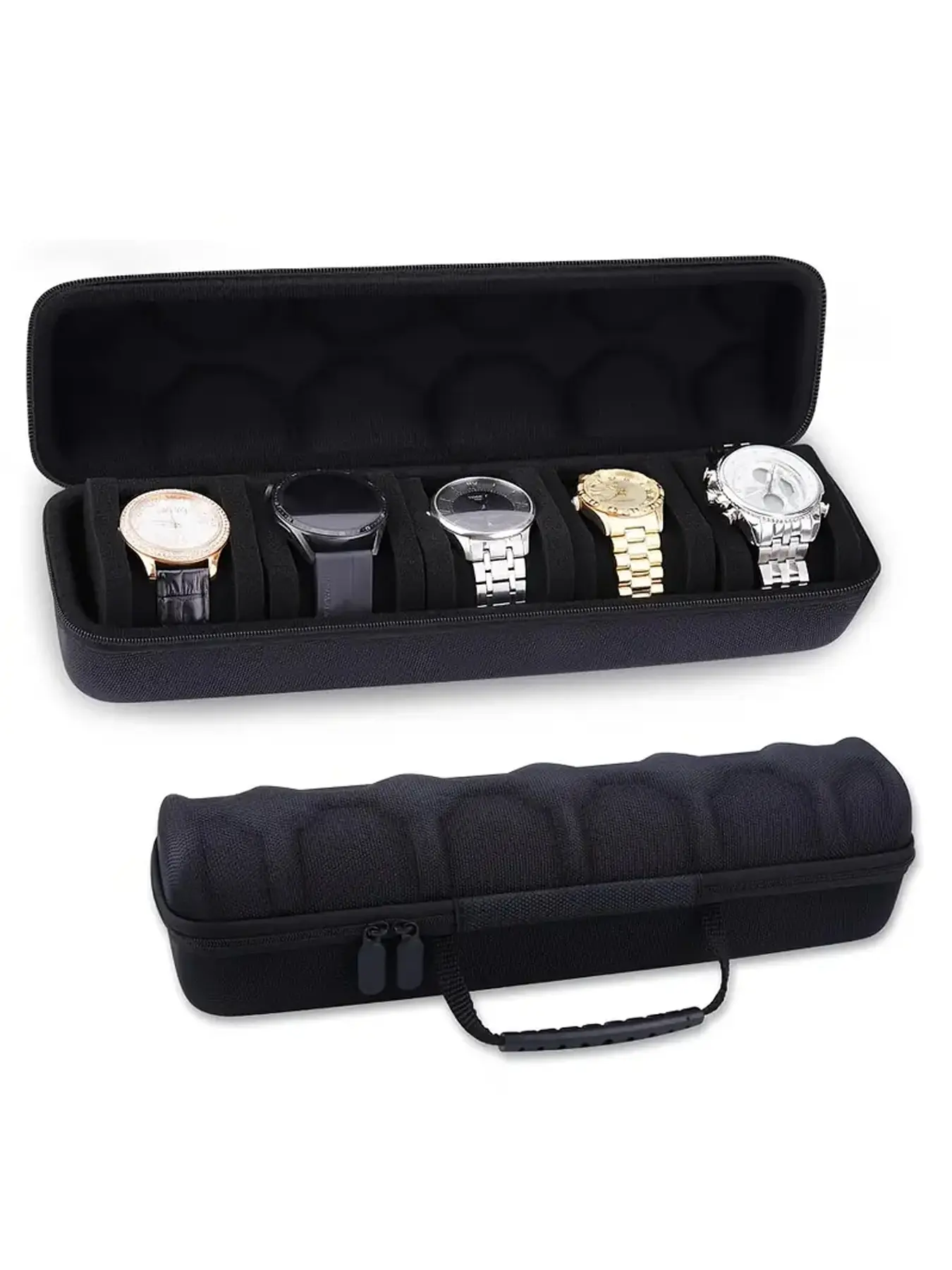 watch case for travel and storage, hard 5 slots Watch Roll Organizer for Men and Women(Black Microfiber Lining) Watch Box