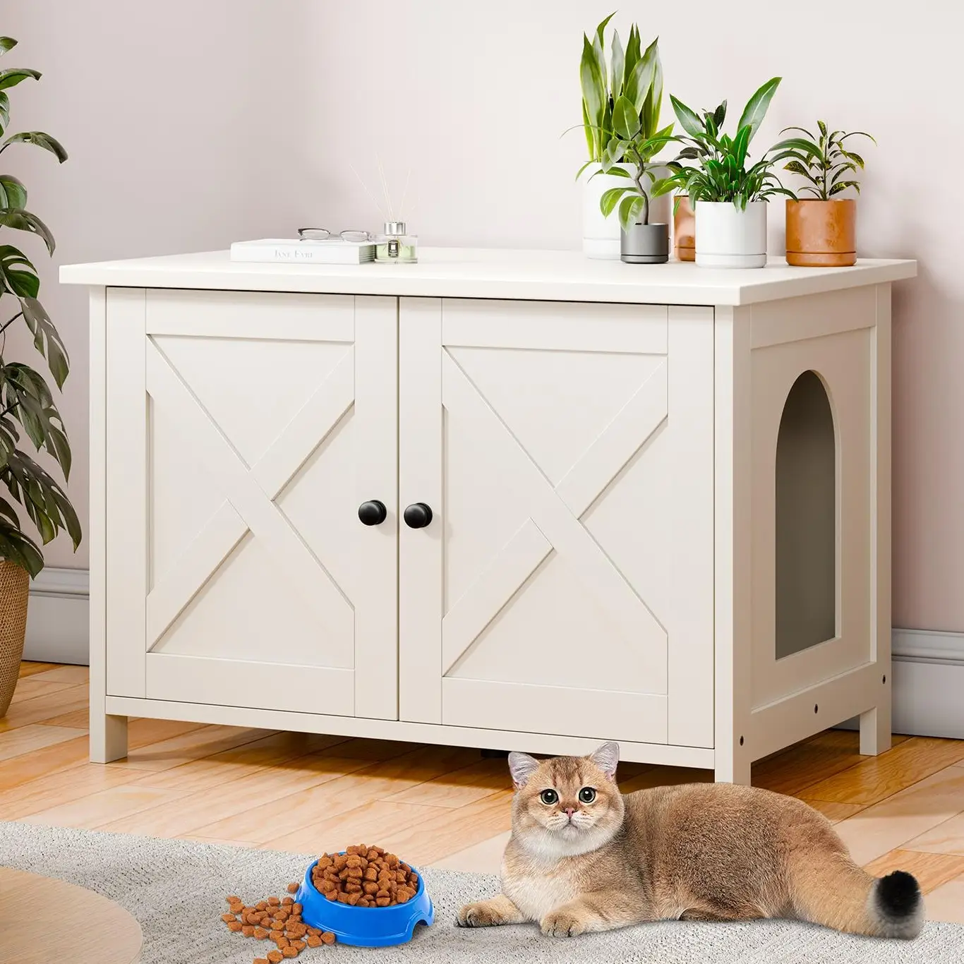 Walsunny Cat Litter Box Furniture with Removable Divider, Hidden Enclosure and End Table - White, Brown, Gray Wood