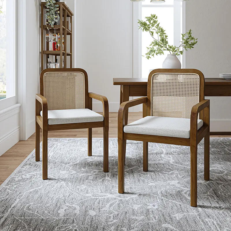 HULALA HOME Kevin Mid Century Modern Rattan Dining Chairs Set of 2 Upholstered Linen Seat Removable Cushions Solid Rubber Wood Frame Armrests Durable Stylish Seating for Kitchen Dining Room Breakfast Nook