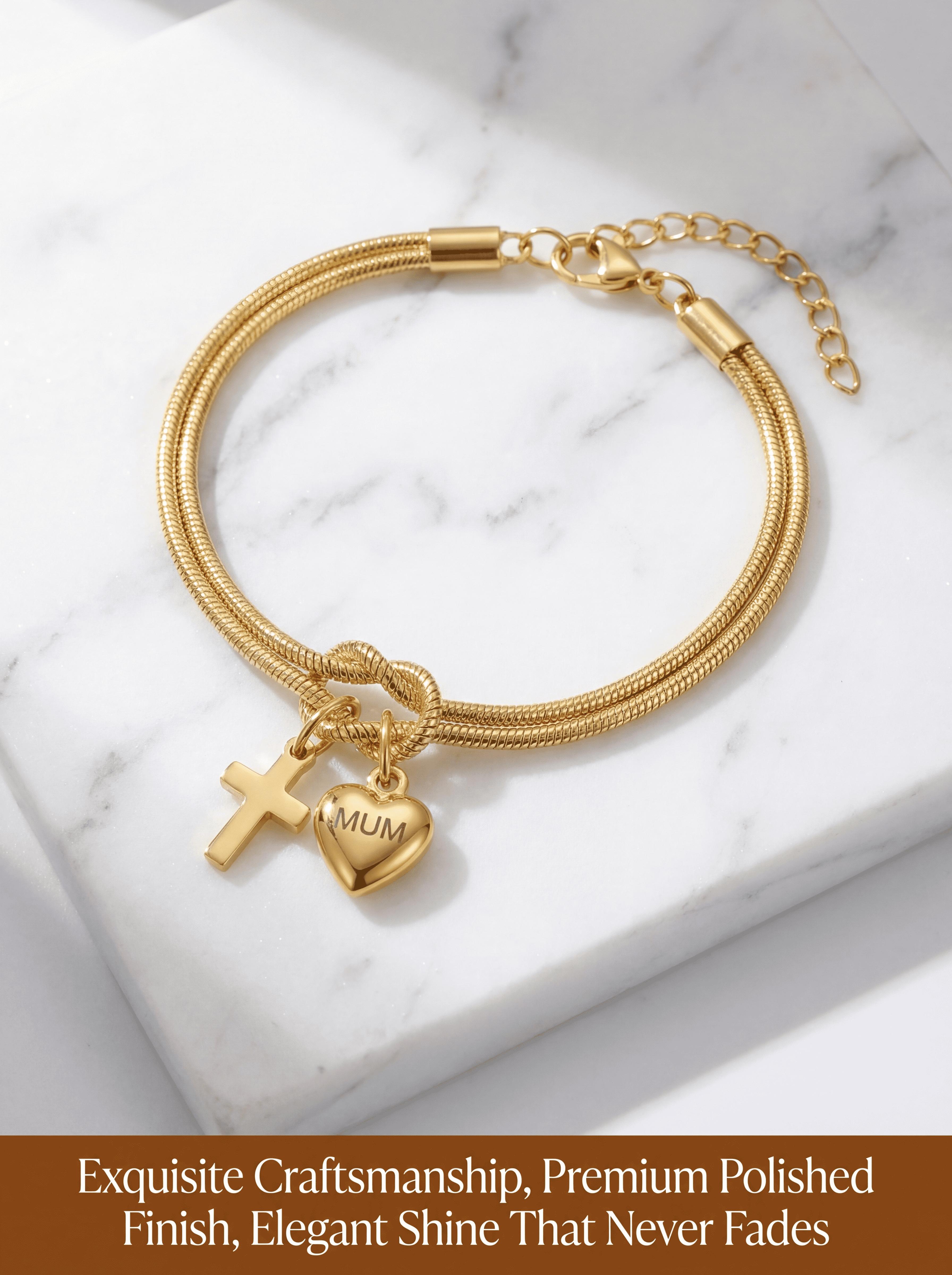 Mother's Day Gift - "MUM" Heart & Cross Snake Chain Bracelet for Women, 18K Gold/Silver Plated Stainless Steel Jewelry, Elegant Faith & Love Charm Bracelet for Mom, Grandma, Wife, Anniversary Gift with Gift Box