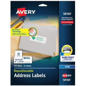 Avery Repositionable Printable Address Labels with Sure Feed, 1" x 2-5/8", White, 750 Blank Mailing Labels (58160)