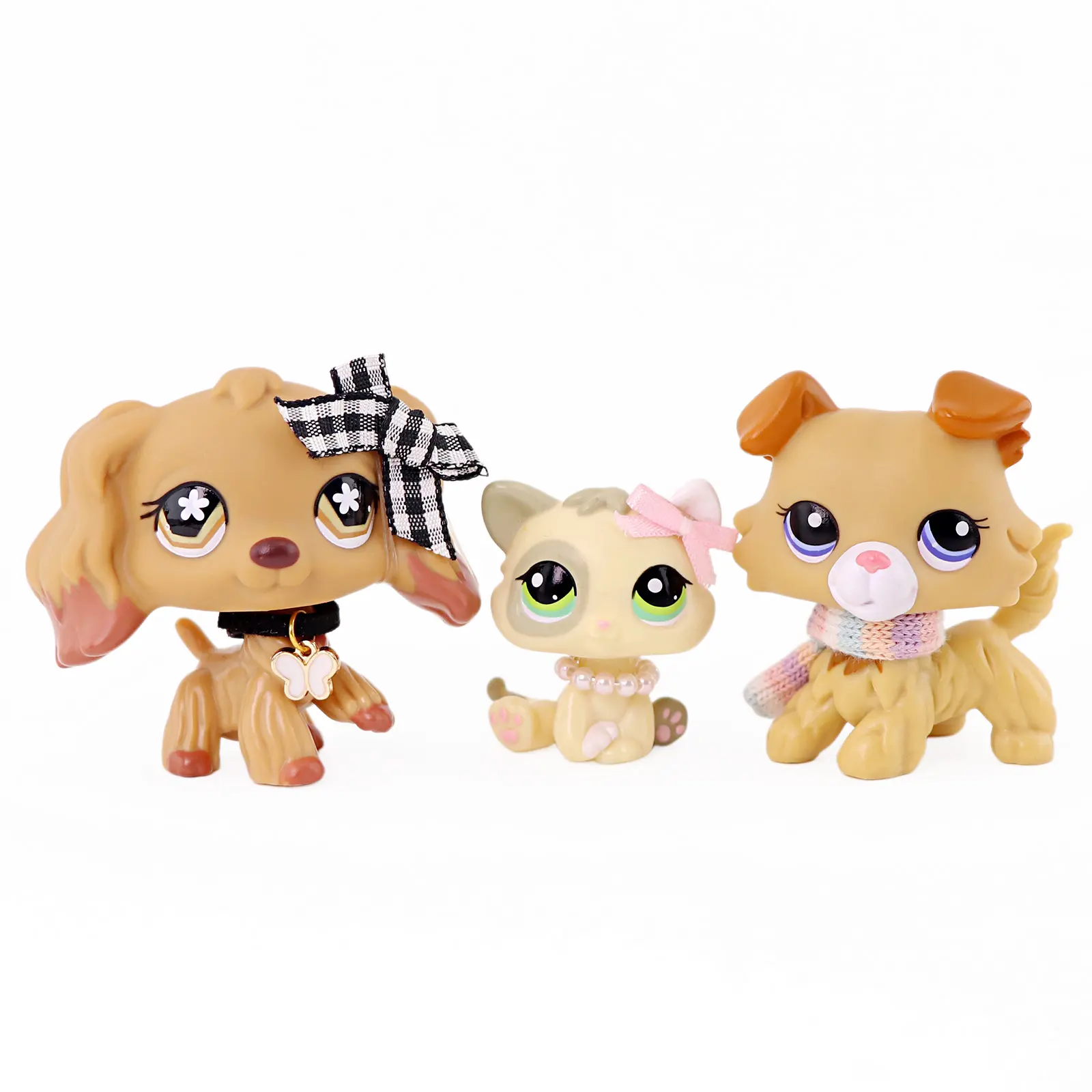 3 Pack Mini Pet Figurines Set, Spaniel Dog, Short Hair Kitten & Fluffy Puppy Figures with Plaid Bow, Butterfly Pendant, Pearl Necklace & Rainbow Scarf Accessories, Hand-Painted Collectible Animal Statues, Mini Doll Gift for Kids Girls Birthday Party Favor