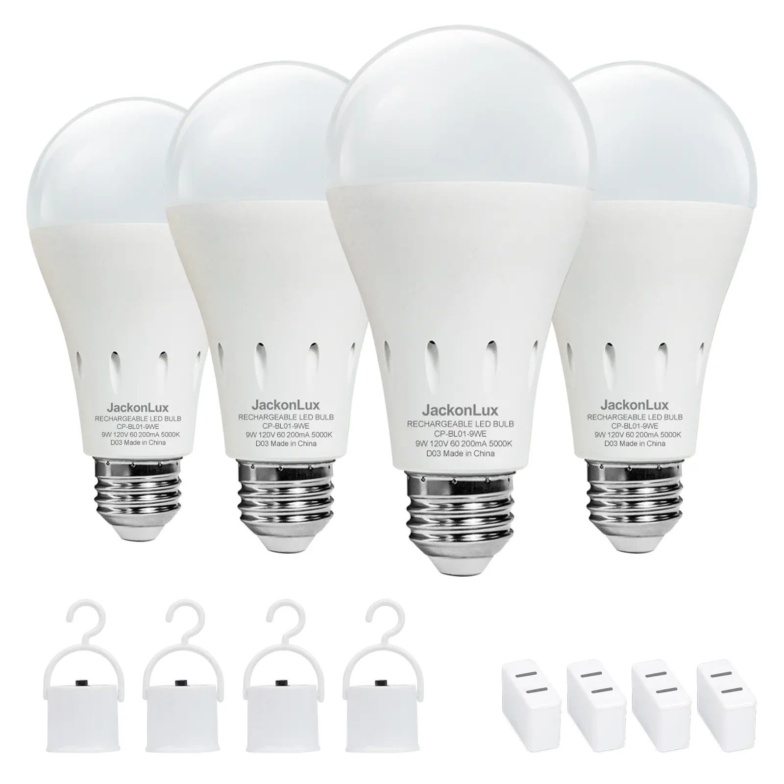 4 Pack Rechargeable Emergency Light Bulbs A19, Camping Lamp Battery Powered LED Light Bulb 5000K Daylight E26 E27 120 Volt 12W 60W Equivalent with 4000mAh for Home Power Outage Camping Hurricane Thanksgiving decorations, Black Friday, Christmas gifts