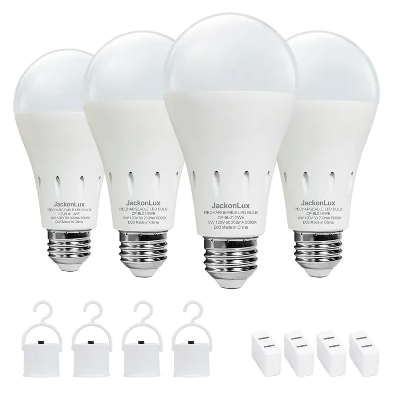 4 Pack Rechargeable Emergency Light Bulbs A19, Camping Lamp Battery Powered LED Light Bulb 5000K Daylight E26 E27 120 Volt 12W 60W Equivalent with 4000mAh for Home Power Outage Camping Hurricane Thanksgiving decorations, Black Friday, Christmas gifts