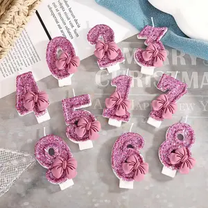 Bowknot Design Number Candle, 1 Count Glitter Number Candle, Cake Decoration Supplies for Birthday Wedding Anniversary Party, Ornaments