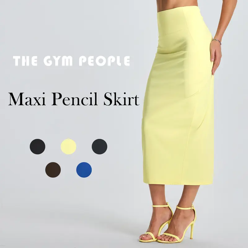 THE GYM PEOPLE Women's High-Waist Stretchy Long Pencil Bodycon Maxi Skirt with Back Slit, Black Tummy Flattering Chic Elegant Curve-Enhancing Fitted Bottoms for Business Work