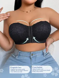 Plus-Size Women's strapless lace bra, front-zip push-up bandeau bra, designed specifically for women, provides non-slip support, perfect for wearing with strapless dresses and off-the-shoulder tops.