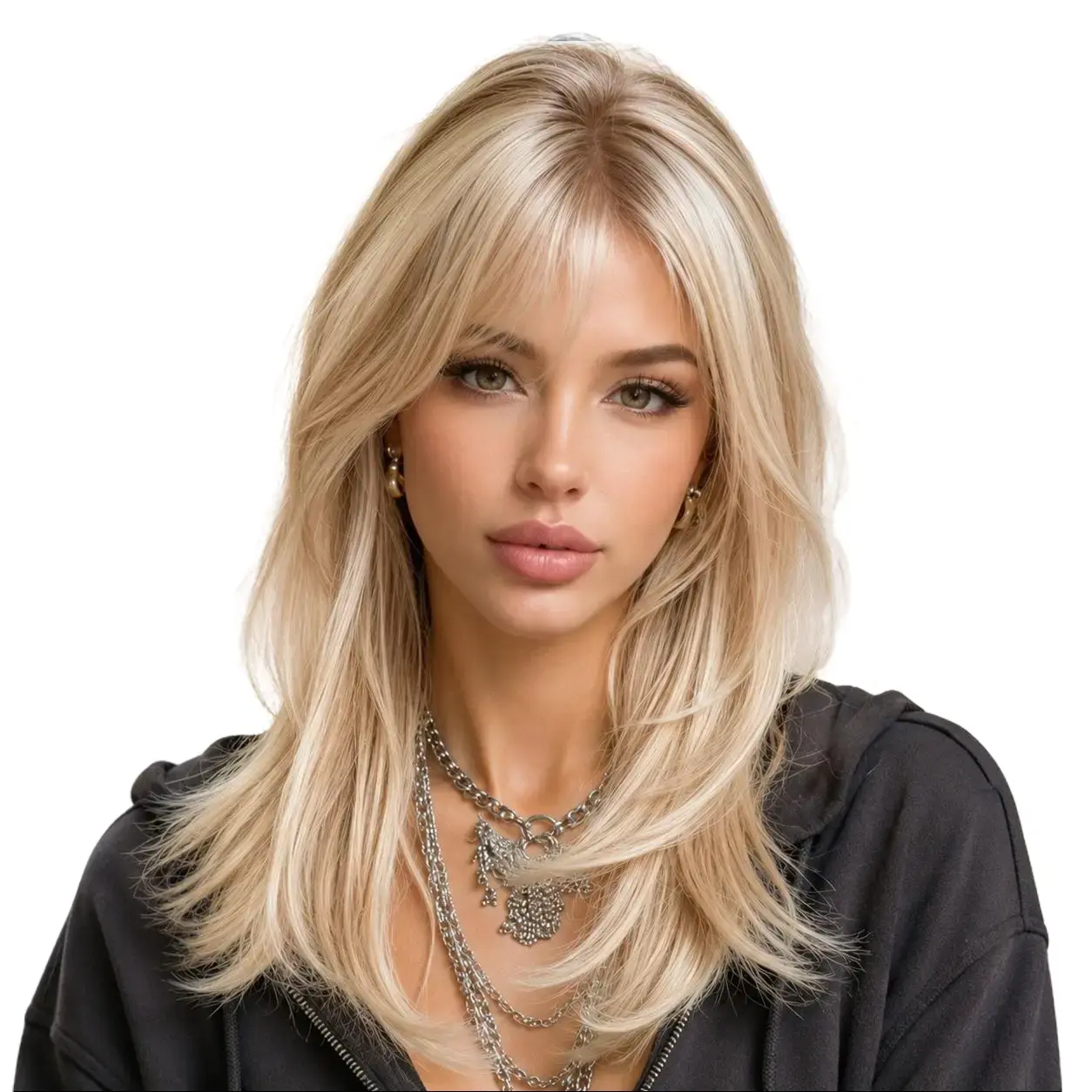 18 Inch Long Straight Light Blonde Wig with Bangs for Women, Layered Heat Resistant Synthetic Hair Wig, Natural Looking Full Wig for Daily Wear, Party and Cosplay