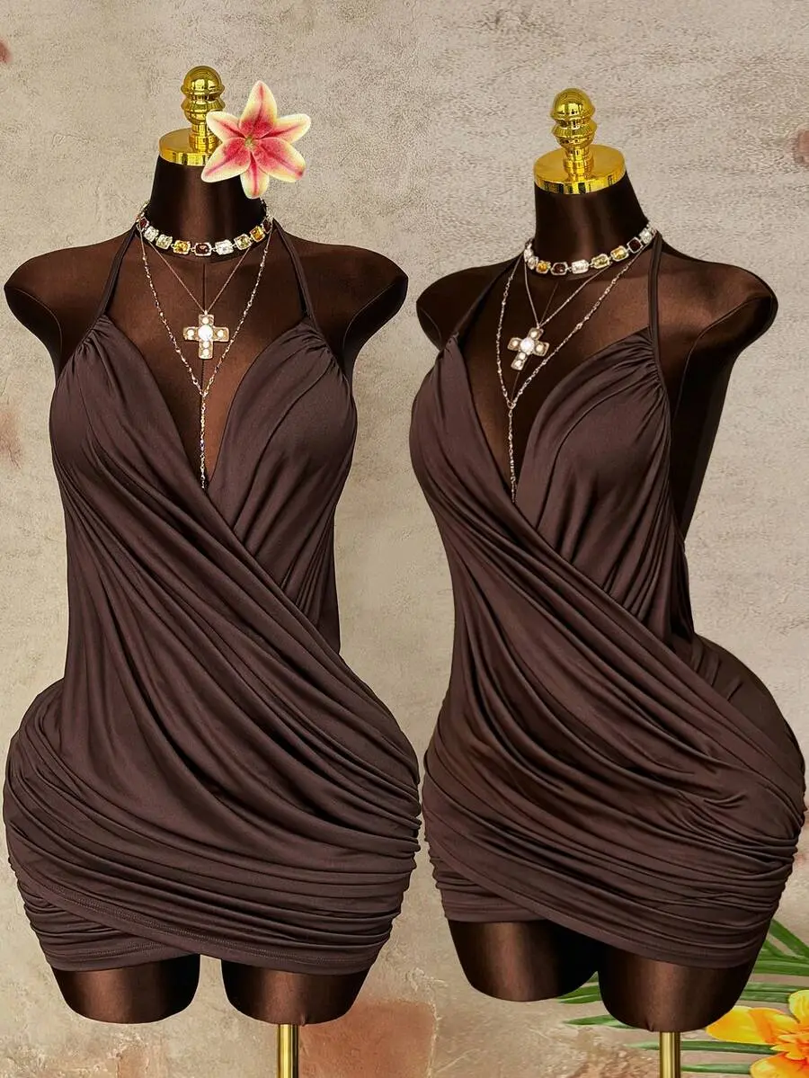 ICONIX Plus Size Chocolate Brown Summer 70's Deep V-Neck Criss-Cross Ruched Halter Backless Fitted Midi Dress,Night Out Club,Party,Vacation
