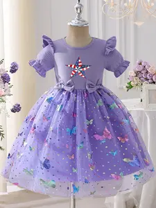 Little Girls Summer American Flag Star Print Dress, Cute Ruffle Sleeve, Knee-Length, All Seasons, Ideal for Birthdays & Weddings