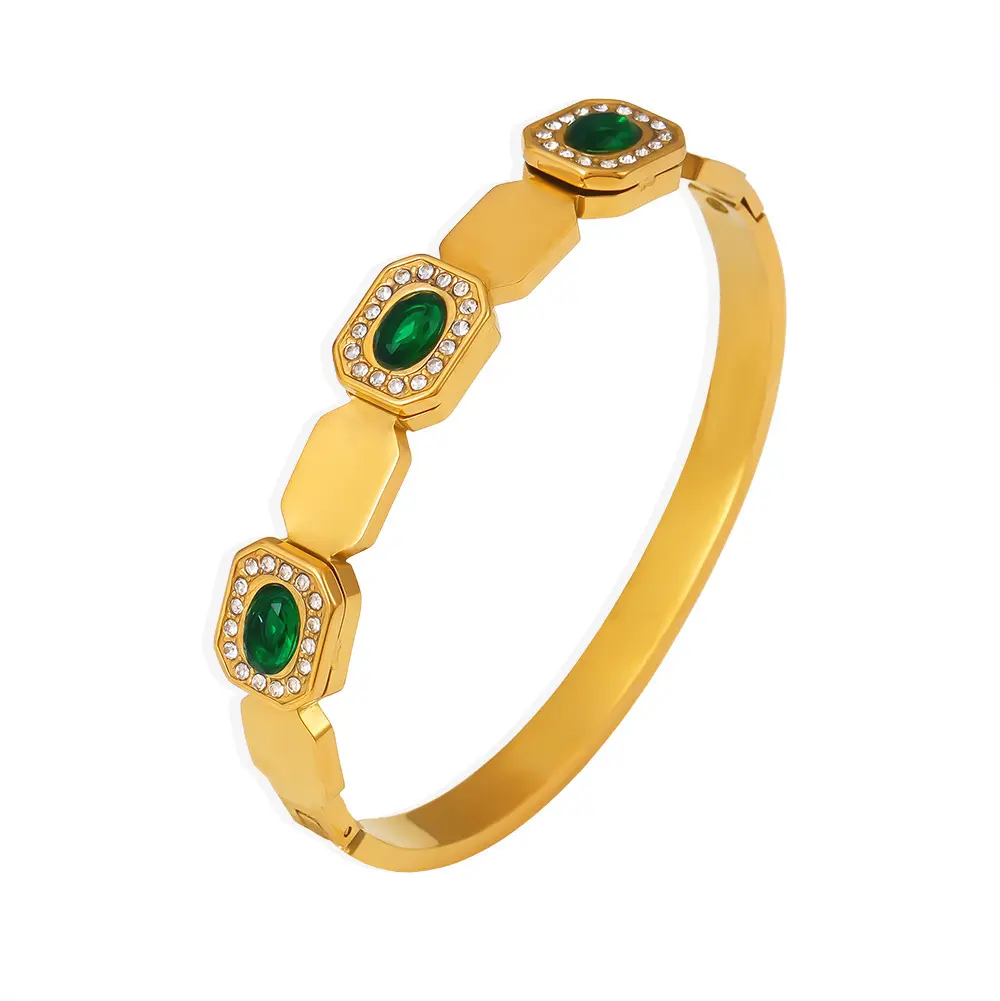 Explosive!Titanium steel non-fading emerald bracelet 18K gold flash diamond hexagonal opening bracelet, high-end sense full