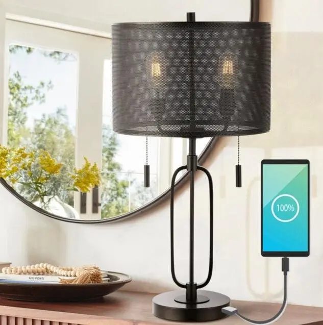 JONATHAN Y Hank Industrial Farmhouse Iron LED Table Lamp - LED Desk Lamp with USB Charging Port, for Bedroom, Living Room, Foyer