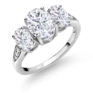 10K White Gold 3-Stone Engagement Ring for Women | Moissanite Gemstone Birthstone & Lab Grown Diamond | Oval 8X6MM 6X4MM | Wedding Anniversary Ring