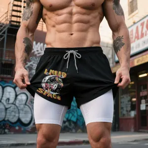 "I Need Space" Alien Double Layer Shorts Men, Retro Sci-Fi Graphic Streetwear Shorts, Funny Space Themed Athletic Shorts