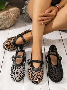 Women's Leopard Print Mesh Mary Jane Sandals, Round Toe Buckle Ballet Shoes, Breathable Summer Classic Casual Footwear, Perfect for Daily Wear and Street Style