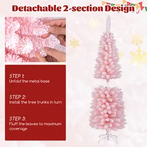 COSTWAY - Snow Flocked 5 FT Artificial Pink Xmas Tree with 328 Branch Tips
