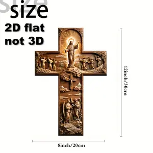 One 8X12 inch wooden cross wall sign -2D emotional art and angel INRI banner, indoor religious home decoration, suitable for Christmas, Easter, Thanksgiving, Halloween, religious wall art, 2D graphic design