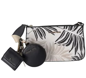 Pre-owned MICHAEL KORS Canvas Messenger Bags Jet Set Crossbody Tech Accessories Attached Black Multi Palm Leaves