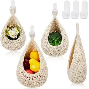 Wall Basket Teardrop Hanging Baskets Hanging Onion Basket Coat Bohemian Storage Fruit Wall Hooks for Kitchen Wall Home Restaurant Storage Garlic Vegetable Wall Planters, 3 Sizes (White)