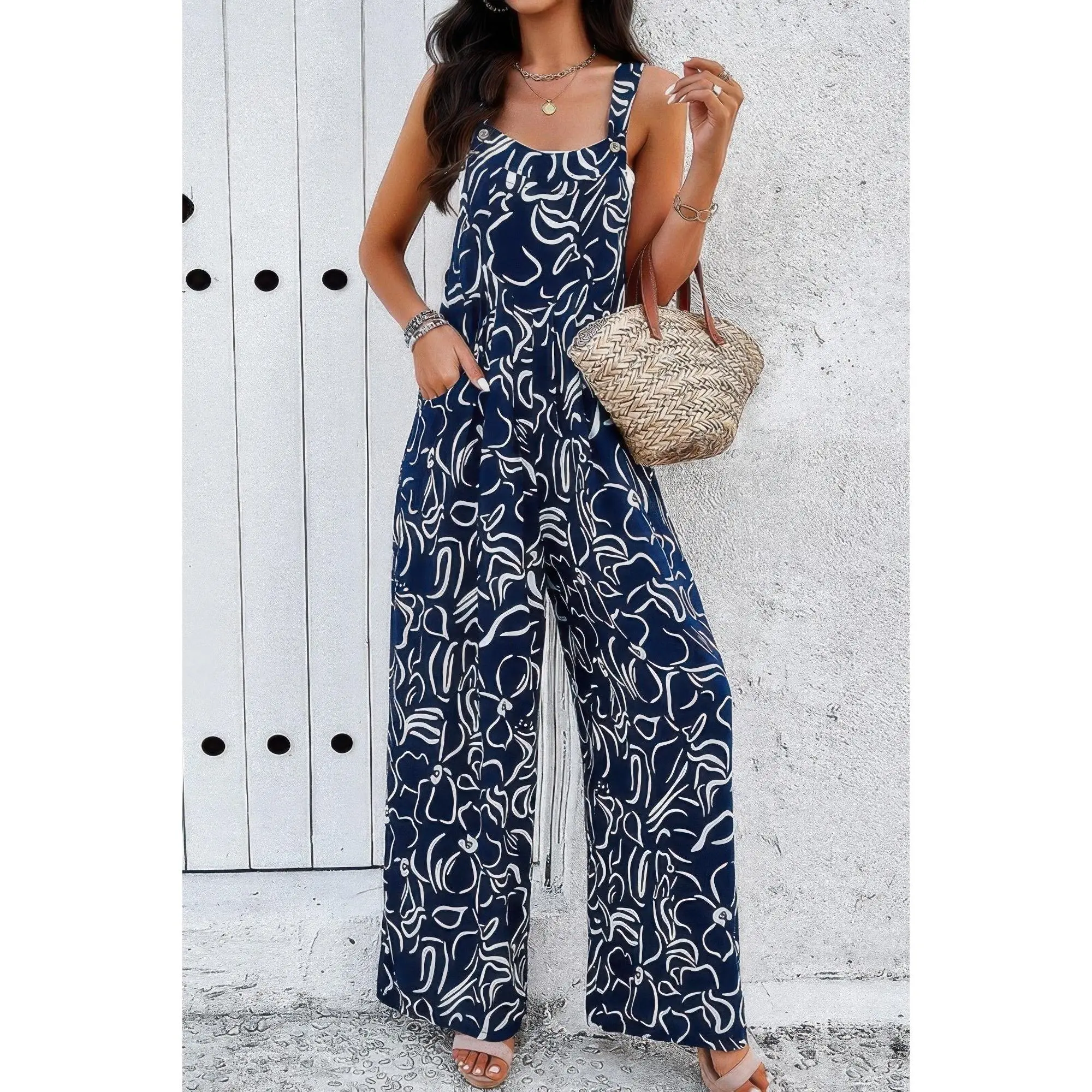 ZUMBUYS Geo Print Smocked Sleeveless Jumpsuit - Fitted Below the Ankle Summer Wear 100% Viscose Lightweight Casual Chic Style Women's Dressy Overalls Piece Strap Strappy Square Neck