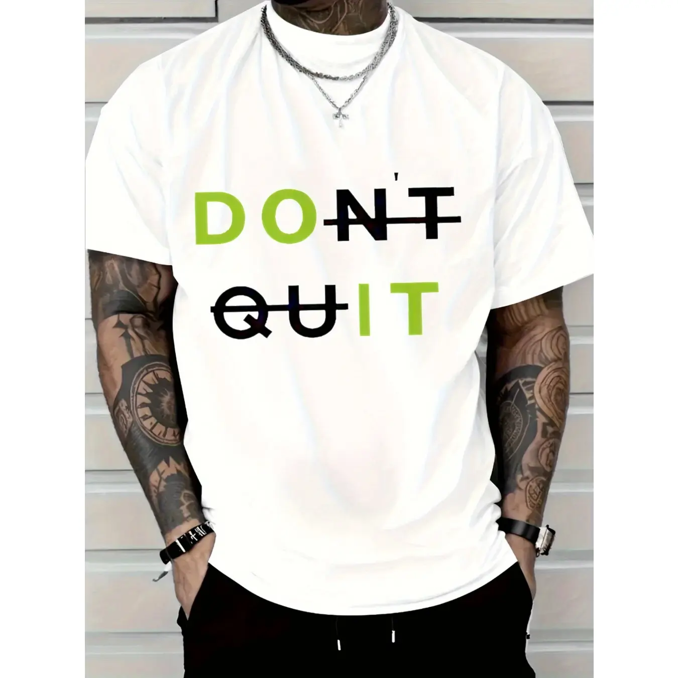 2025 Men'S Casual Cotton T-Shirt With Bold DON'T QUIT Motivational Graphic - White Tee, Green & Black Text, Regular Fit Short Sleeve, Machine Washable For Casual Attire & Summer Outdoor Apparel, Cotton T Shirts, Soft Fabric Shirt