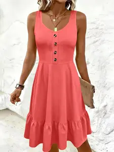 Spring Summer Plain V Neck Dress for Women, Button Decorated Front, Casual Style Beachwear, Daily Party Dance, Womenswear