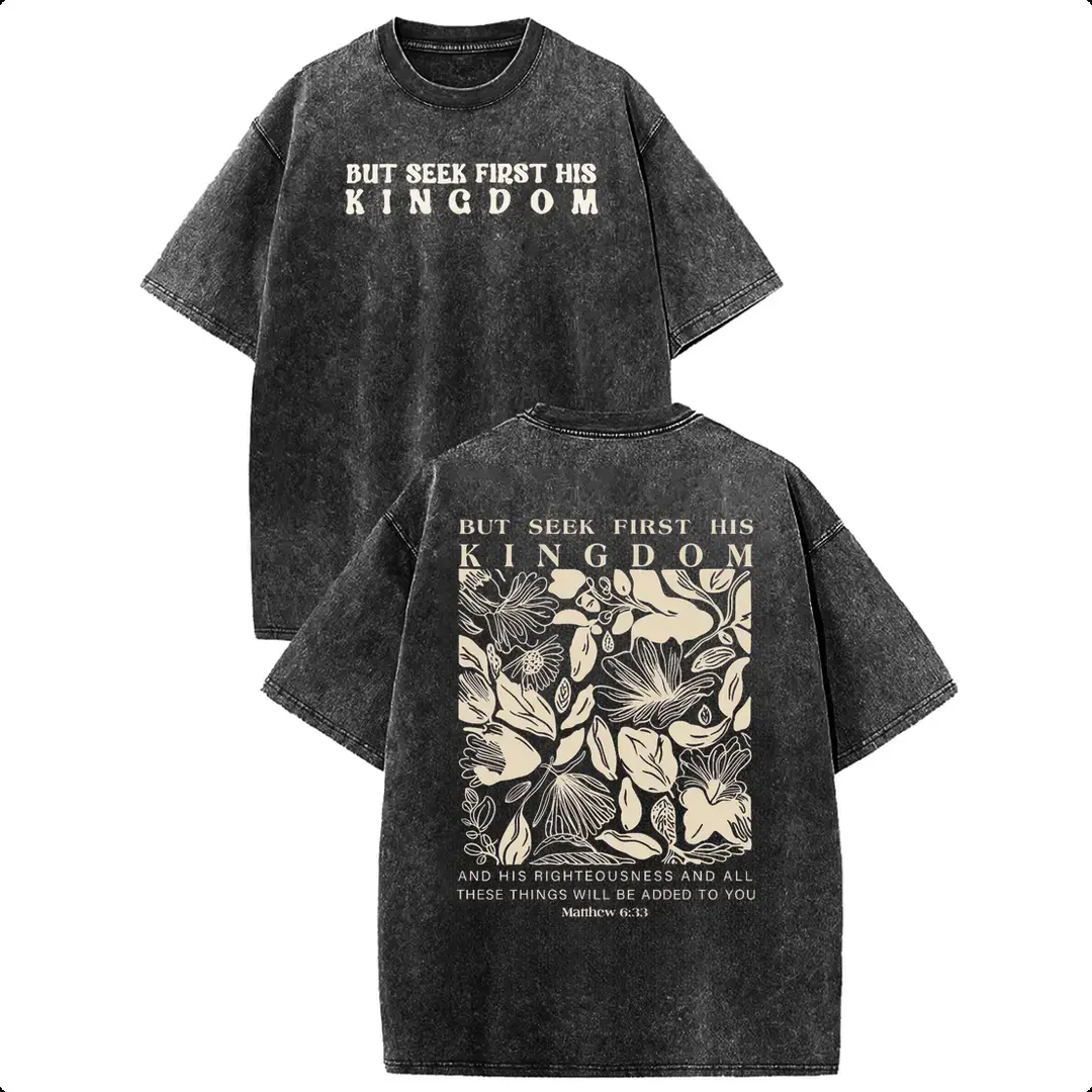 Men's Christian Graphic Tshirt, Vintage Matthew 6:33 Floral Shortsleeve Top with an Oversized Fit in Soft Washed Cotton