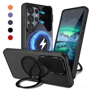 for Samsung Galaxy S26 Ultra S25 S24 Phone Case, Magnetic Protective Cover with Flip Camera Cover for Lens Privacy & 360° Adjustable Ring Holder Stand Kickstand