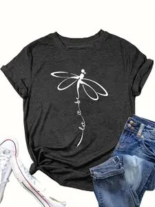【Plus Size】 Dragonfly Print Round Neck Tee, Casual Short Sleeve Crew Neck T-shirt for Summer, Women's Plus Clothing for Daily Wear, Top