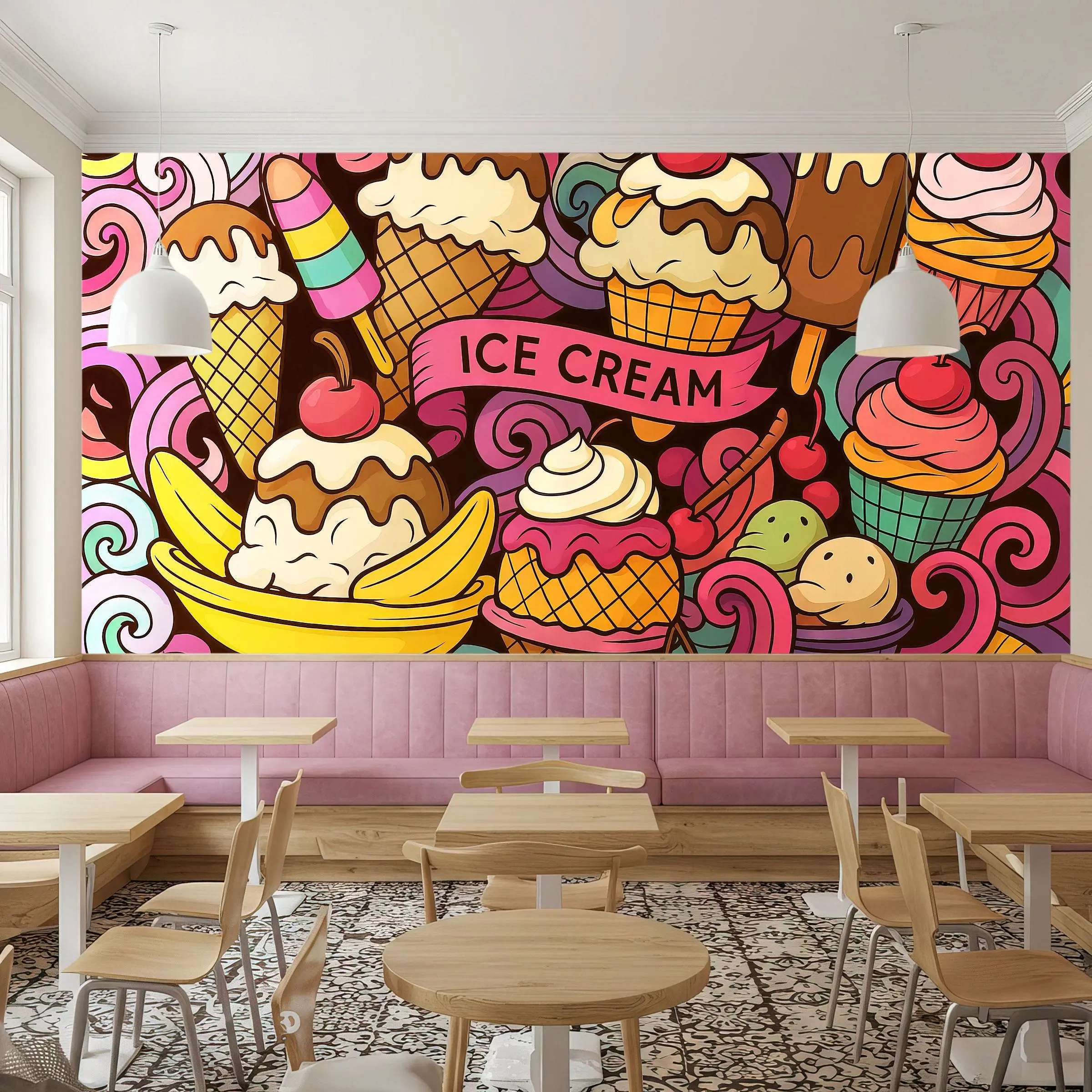 Ice Cream Shop Peel and Stick Wallpaper - Fun Pastel Dessert Mural for Cafés & Dessert - Removable, Easy to Apply