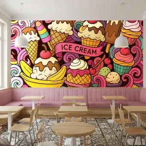 Ice Cream Shop Peel and Stick Wallpaper - Fun Pastel Dessert Mural for Cafés & Dessert - Removable, Easy to Apply