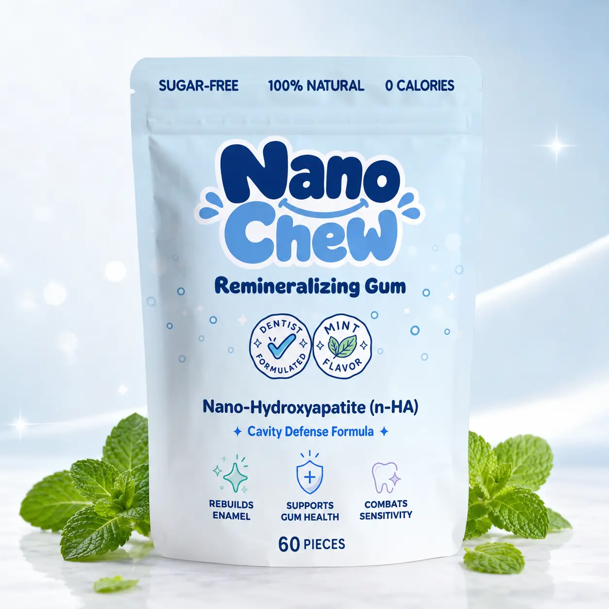 NanoChew Remineralizing Gum with Nano-Hydroxyapatite (n-HA) & Xylitol - Dentist-Formulated, Sugar-Free, 0-Calorie, 60-Piece Cavity Defense, Enamel Rebuilding, Gum Health Support