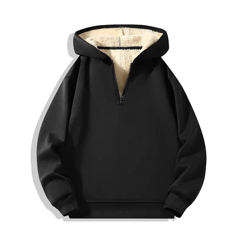 Winter half-zip hooded fleece sweatshirt for men and women, thick and plush lining for warmth, pullover hoodie, versatile top Casual Menswear