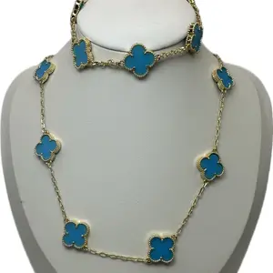 Pastel  blue Clover Necklace & Earrings Set  18Long Chain Lucky Girl Jewelry
