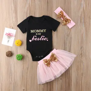 Newborn Baby Girl Summer Clothes Letter Print Short Sleeve Triangle Snap Button Crotch Romper Bodysuit Bow Tulle Short Skirt Headband 3Pcs Set Cute Outfit