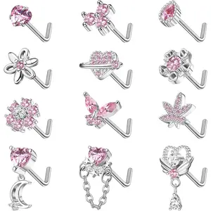 Fansilver 12PCS 20G Nose Rings Surgical Stainless Steel L Shaped Nose Studs for Women Men CZ Heart Butterfly Flower Leaf Moon Dangle Cute Nose Piercings Studs Screw Jewelry Pink