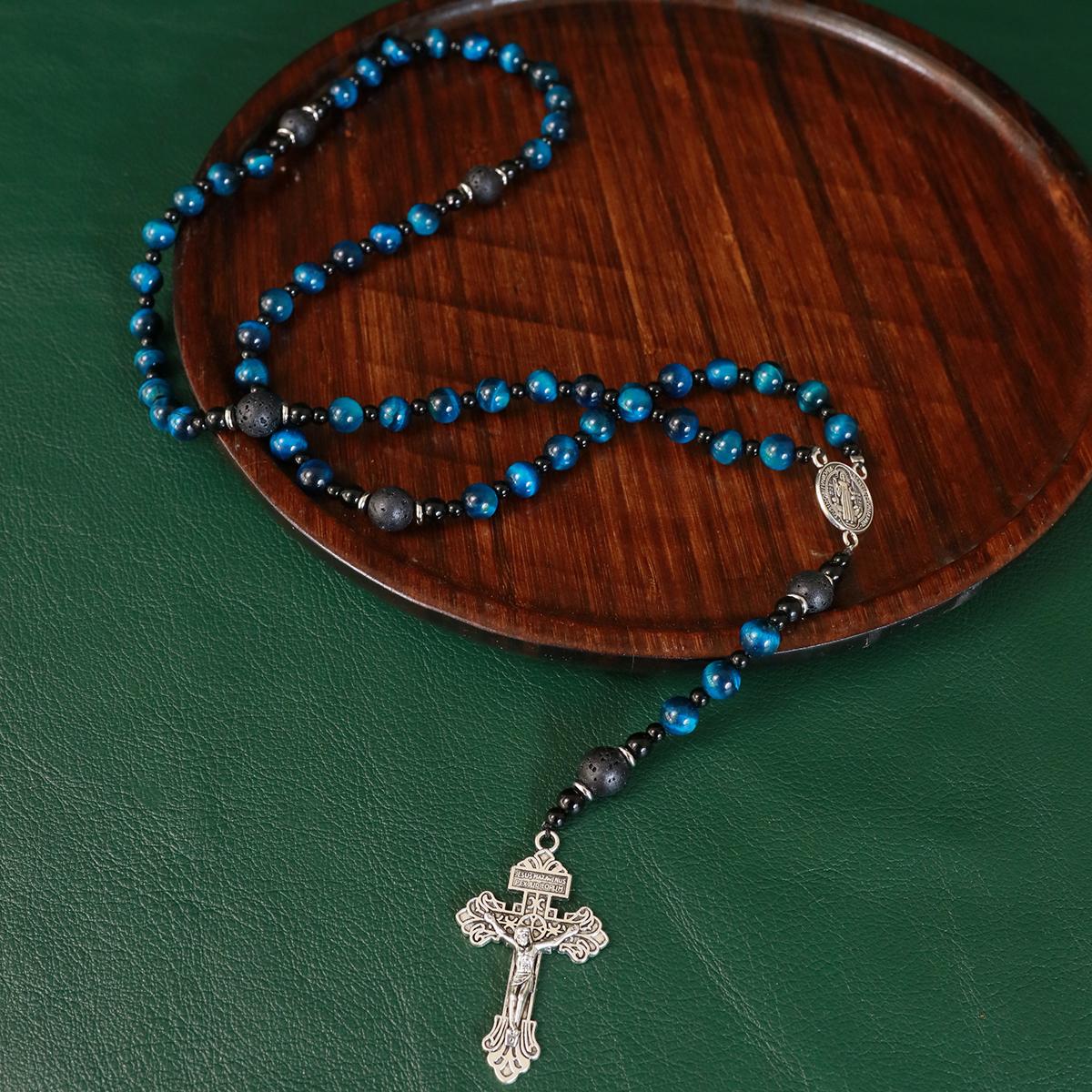 Rosary beads catholic for men,Rosary Necklace for men with medal & cross,Handmade stone Beads Our Lady of Grace Rosary Cross Necklace Catholic Gifts