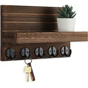 Key Holder for Wall, Decorative Key and Mail Holder with Shelf Has Large Key Hooks for Bags, Coats – Paulownia Wood Key Hanger with Mounting Hardware (9.8”W x 6.7”H x 4.2”D) (Brown)
