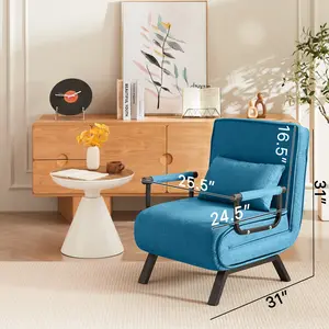 Convertible Chair Bed Sleeper for Adults, 5 in 1 Folding Chair Bed with 5-Position Adjustable Backrest & Pillow, Comfy Single Futon Sofa Bed for Small Spaces, Apartment, Office (Blue)