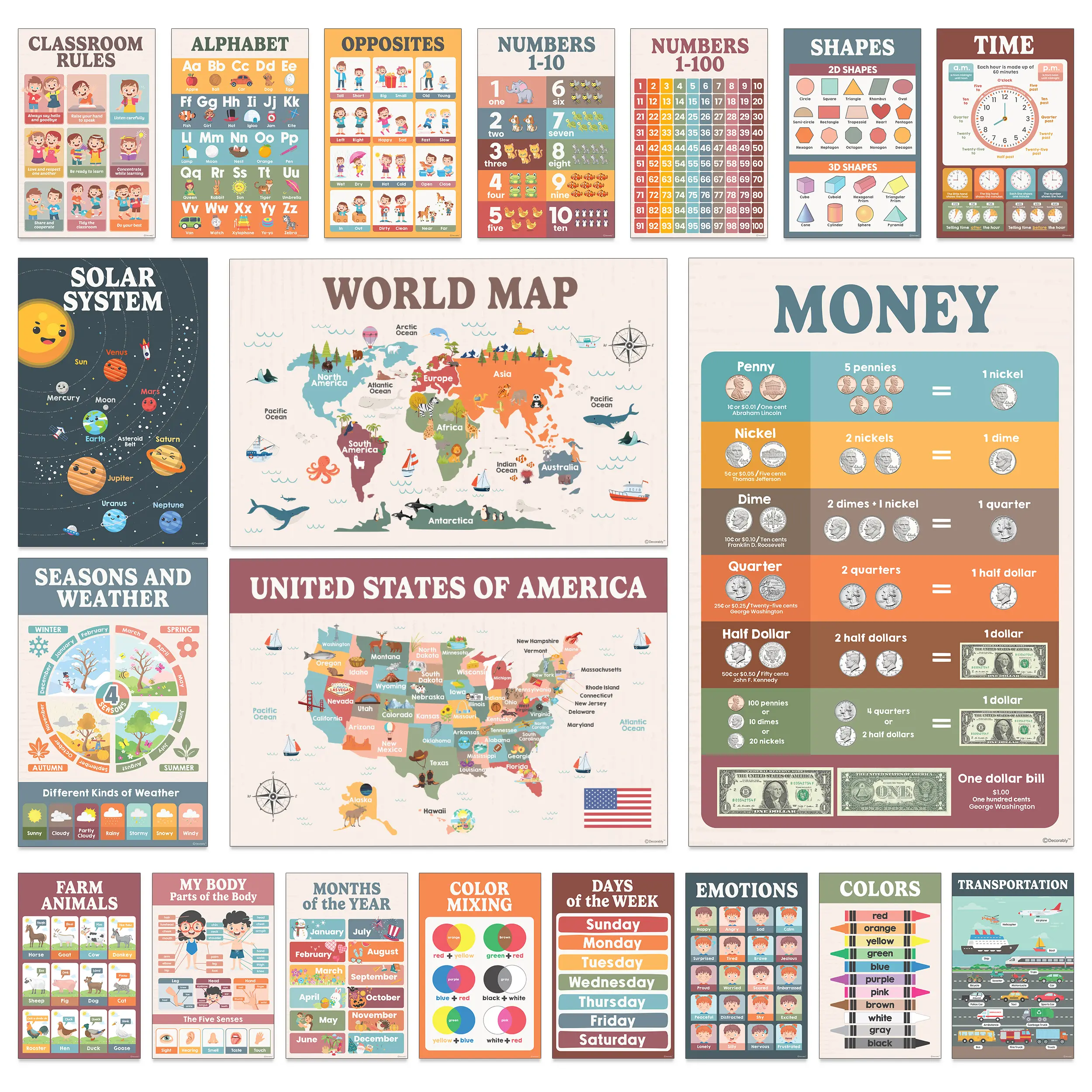 Decorably 20 Boho Learning Posters for Kids Ages 3-5, 11x17in Educational Matte-Laminated for Classrooms, Homeschool, School Hallways, Bulletin Boards