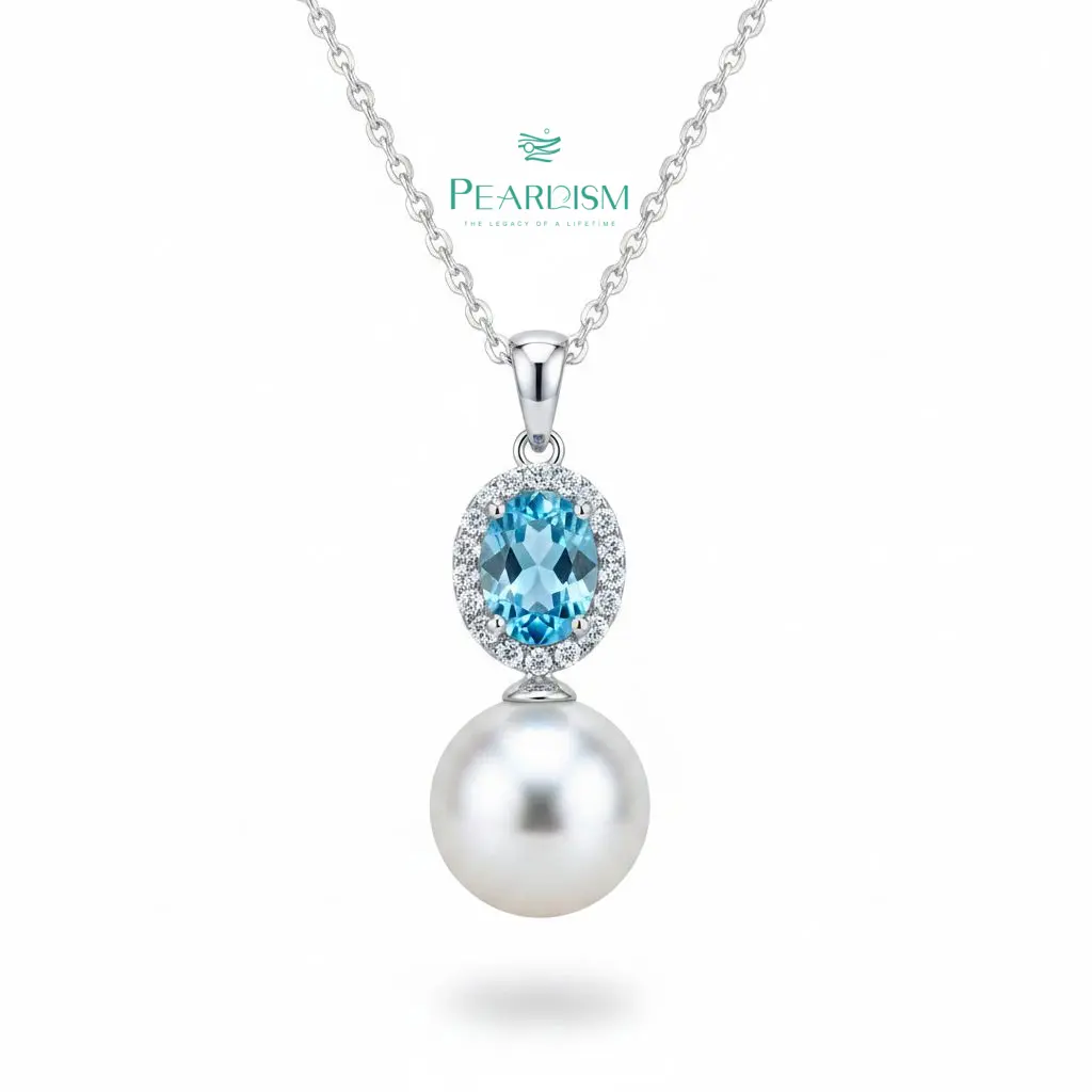 【Adee】PEARLISM Dainty Everyday Edison Pearl Pendant | 9-10mm Silver Aquamarine CZ Hypoallergenic-AFEP030