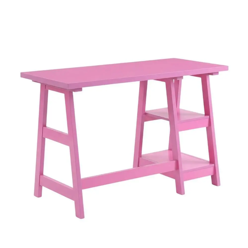 Rectangular Pink Trestle Desk with Shelves - Stylish Workspace for Home, Office