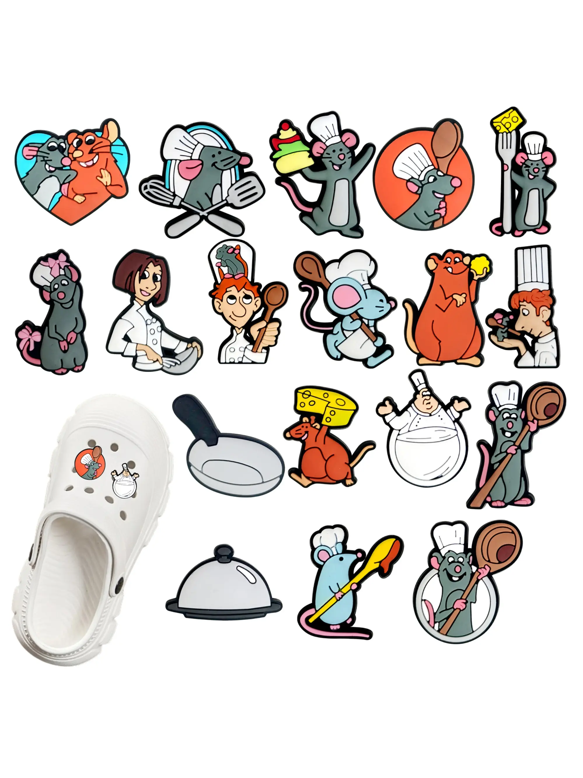 18pcs Cartoon Ratatouille PVC Shoe Charms Set, Fits Slippers Indoor & Sandals, DIY Fashion Decoration, Cute Shoe Decorations, Perfect Gift for Friends