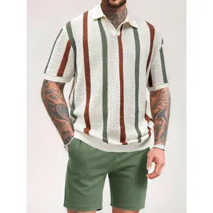 Men's Colorblock Striped Print Polo Shirt & Shorts Two-piece Set, Casual Loose Short Sleeve Top & Shorts, Two-piece Outfits for Men