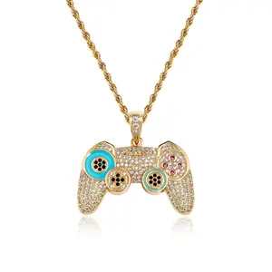 Trendy Gaming Accessory - Golden Plated Game Controller Pendant with Classic Blue and Black Colorway, Sparkling Rhinestone Accent, Unique and Premium Chain Necklace for Both Men and Women