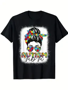 Women'S Autism Mom Awareness Graphic T-Shirt |   180gsm Heavyweight Black Tee with Colorful Puzzle Piece & Rainbow Design, Loose Fit Round Neck, Short Sleeve, S-XXL Sizes for Casual Summer Wear, Vintage Style, Crew Neck, Pullover