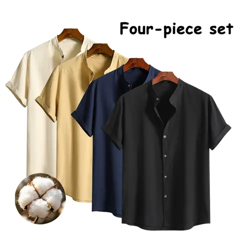 Men's Loose-Fit Mandarin Collar Linen-Cotton Short-Sleeve Shirts Set - Breathable Soft Solid-Color Button-Front Casual Fashion Staples for Vacation, Breathable Cotton Collared Button-Up Styles, Breathable Cotton Men's Casual Shirts