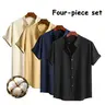 Men's Loose-Fit Mandarin Collar Linen-Cotton Short-Sleeve Shirts Set - Breathable Soft Solid-Color Button-Front Casual Fashion Staples for Vacation, Breathable Cotton Collared Button-Up Styles, Breathable Cotton Men's Casual Shirts